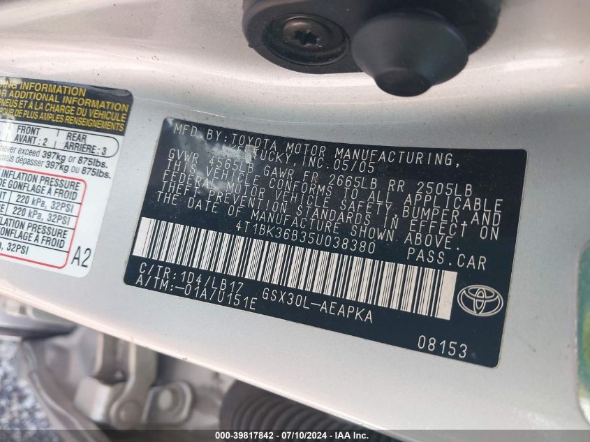 2005 Toyota Avalon Xl/Xls/Touring/Limited VIN: 4T1BK36B35U038380 Lot: 39817842