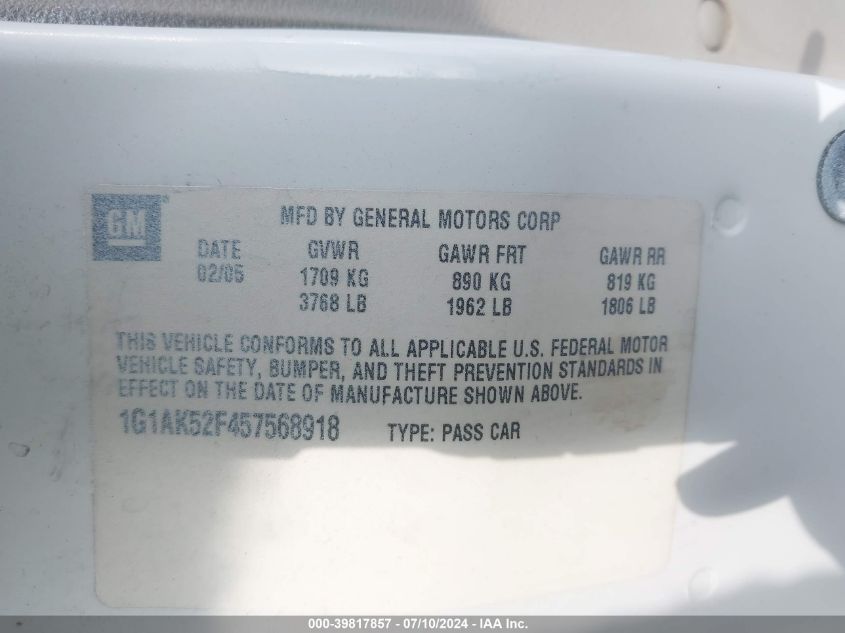 2005 Chevrolet Cobalt VIN: 1G1AK52F457568918 Lot: 39817857