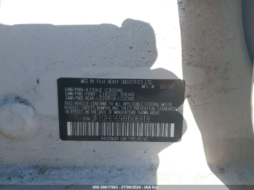2008 Subaru Impreza 2.5I VIN: JF1GE61698H506919 Lot: 39817863