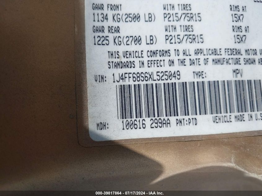 1999 Jeep Cherokee Sport/Classic VIN: 1J4FF68S6XL525049 Lot: 39817864