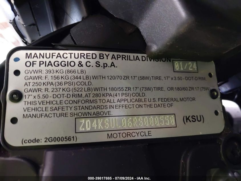 2024 Aprilia Tuono 660 VIN: ZD4KSUL06RS000550 Lot: 39817885