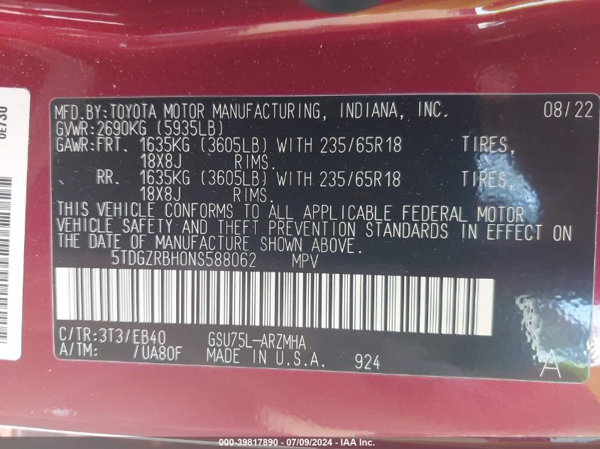 2022 Toyota Highlander Xle VIN: 5TDGZRBH0NS588062 Lot: 39817890