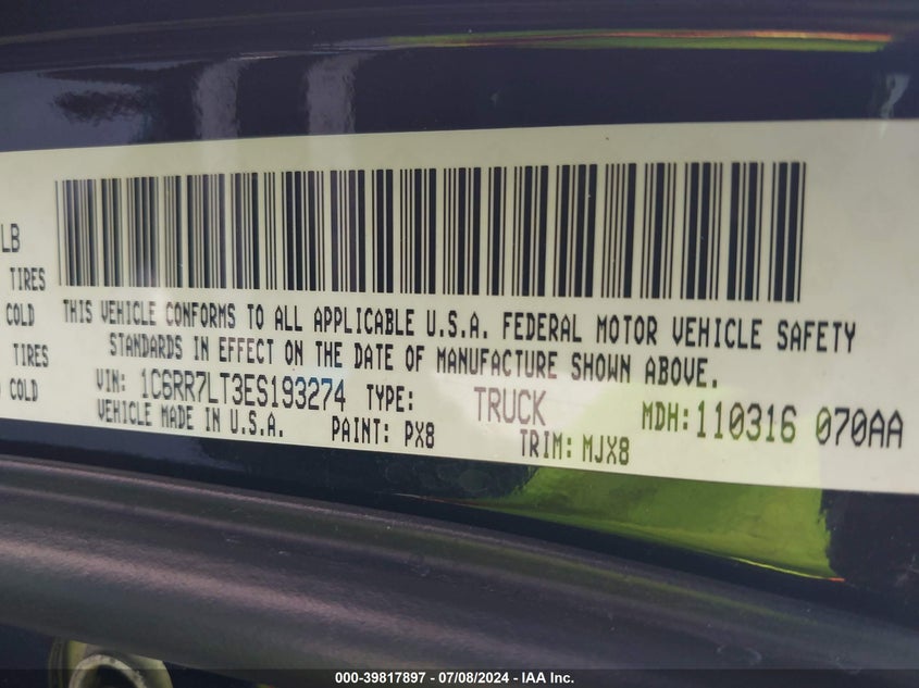 2014 Ram 1500 Big Horn VIN: 1C6RR7LT3ES193274 Lot: 39817897