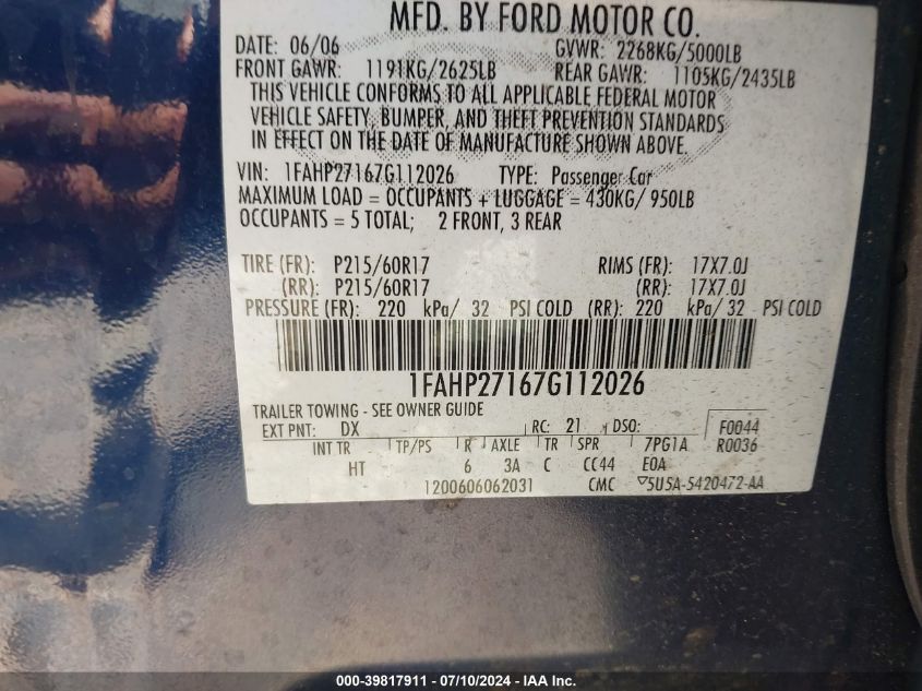 2007 Ford Five Hundred Sel VIN: 1FAHP27167G112026 Lot: 39817911