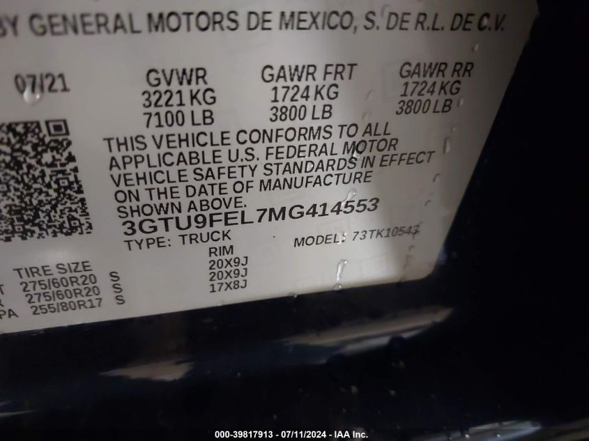 2021 GMC Sierra 1500 4Wd Short Box Denali VIN: 3GTU9FEL7MG414553 Lot: 39817913