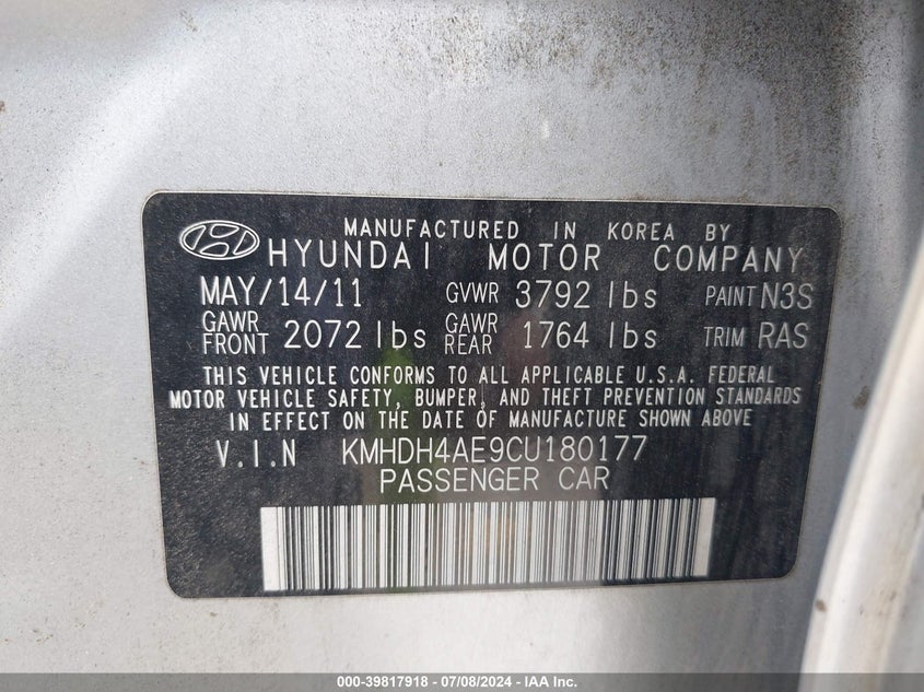 2012 Hyundai Elantra Limited (Ulsan Plant) VIN: KMHDH4AE9CU180177 Lot: 39817918