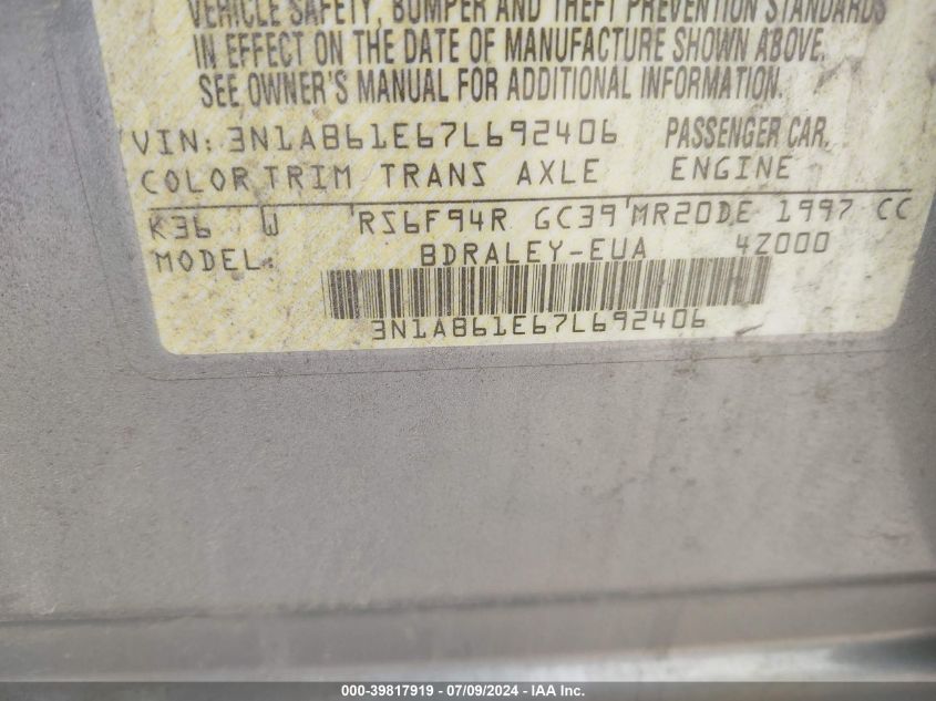 2007 Nissan Sentra 2.0S VIN: 3N1AB61E67L692406 Lot: 39817919