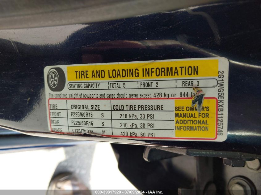 2011 Chevrolet Impala Lt VIN: 2G1WG5EKXB1125746 Lot: 39817920