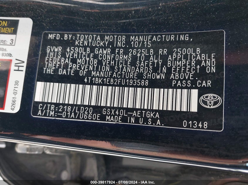 4T1BK1EB2FU193588 2015 Toyota Avalon Xle