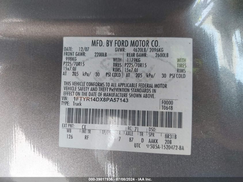 2008 Ford Ranger Xl/Xlt VIN: 1FTYR14DX8PA57143 Lot: 39817935