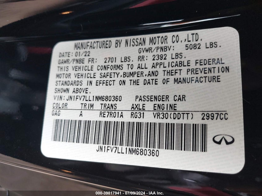 VIN JN1FV7LL1NM680360 2022 INFINITI Q60 RED SPORT 400