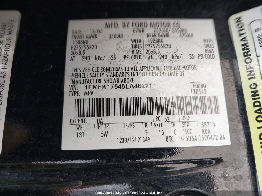 2008 Ford Expedition El Eddie Bauer/King Ranch VIN: 1FMFK17548LA46271 Lot: 39817942