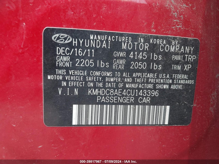 2012 Hyundai Elantra Touring Gls VIN: KMHDC8AE4CU143396 Lot: 39817967