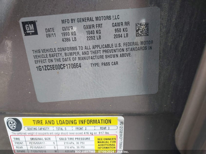 2012 Chevrolet Malibu 1Lt VIN: 1G1ZC5E00CF170664 Lot: 39817969