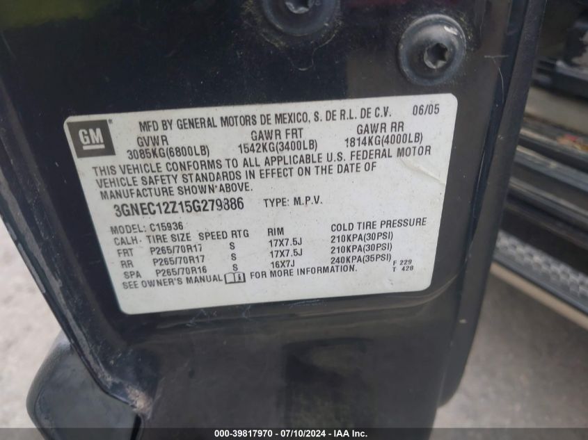 2005 Chevrolet Avalanche 1500 Z66 VIN: 3GNEC12Z15G279886 Lot: 39817970