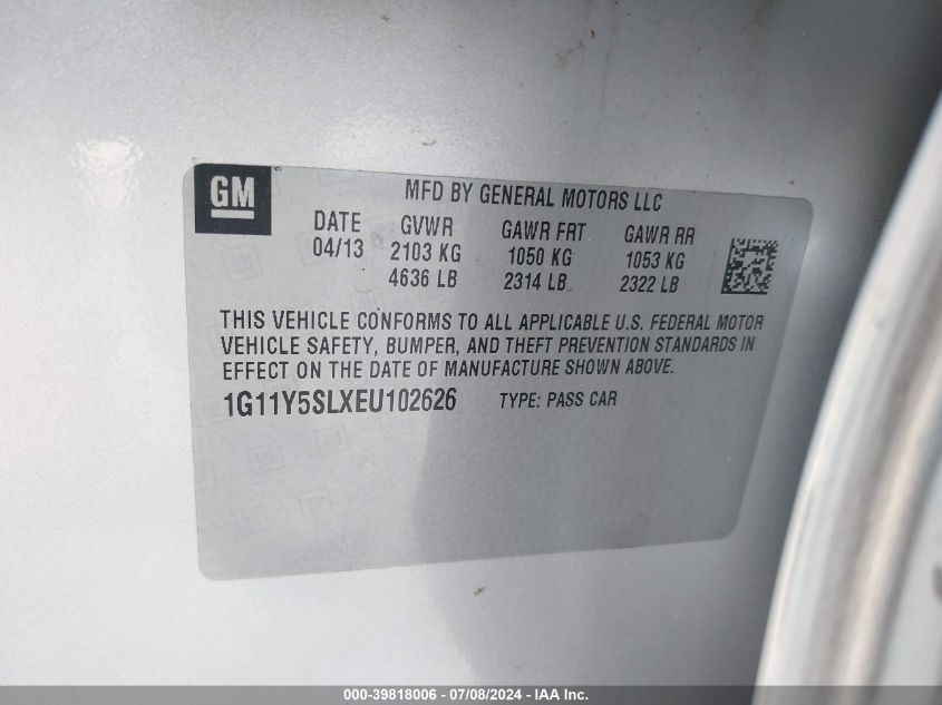 2014 Chevrolet Impala 1Ls VIN: 1G11Y5SLXEU102626 Lot: 39818006