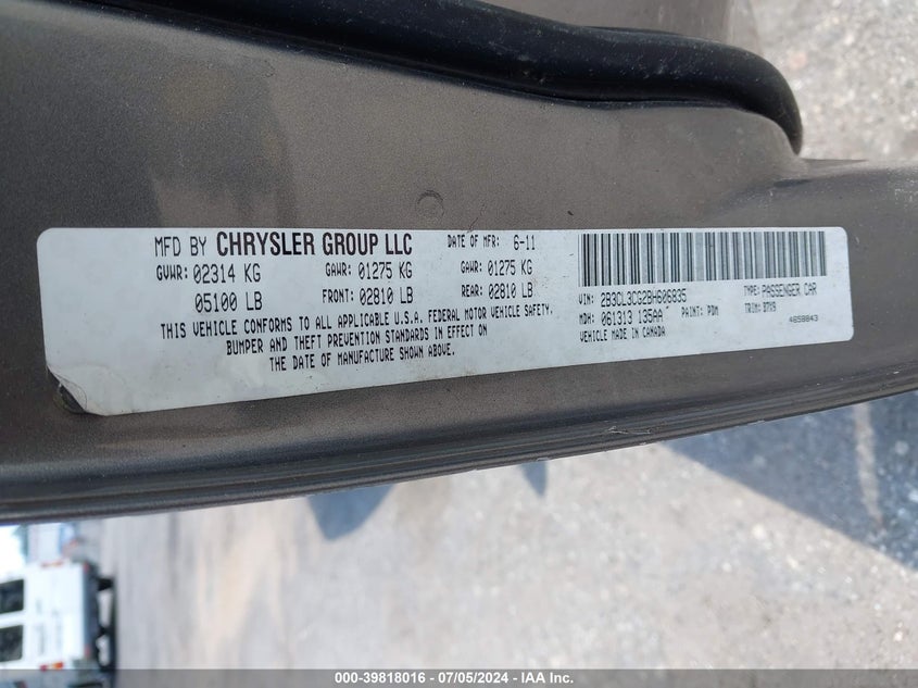 2011 Dodge Charger VIN: 2B3CL3CG2BH606835 Lot: 39818016