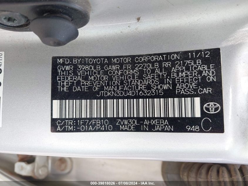 2013 Toyota Prius Three VIN: JTDKN3DU4D1632315 Lot: 39818026