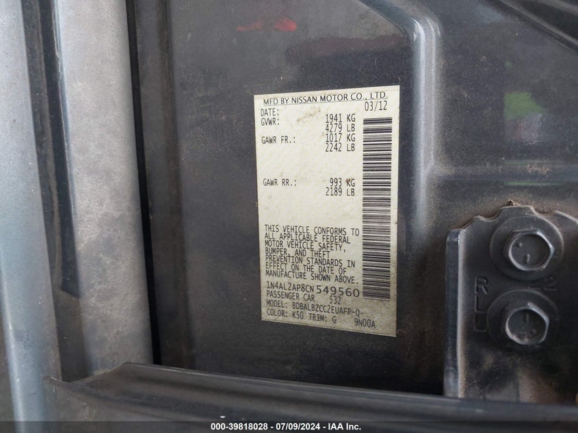 1N4AL2AP8CN549560 2012 Nissan Altima 2.5 S