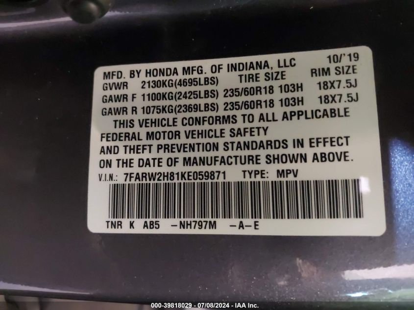 2019 Honda Cr-V Ex-L VIN: 7FARW2H81KE059871 Lot: 39818029