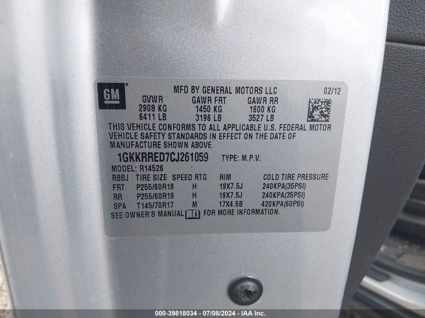 2012 GMC Acadia Slt-1 VIN: 1GKKRRED7CJ261059 Lot: 39818034