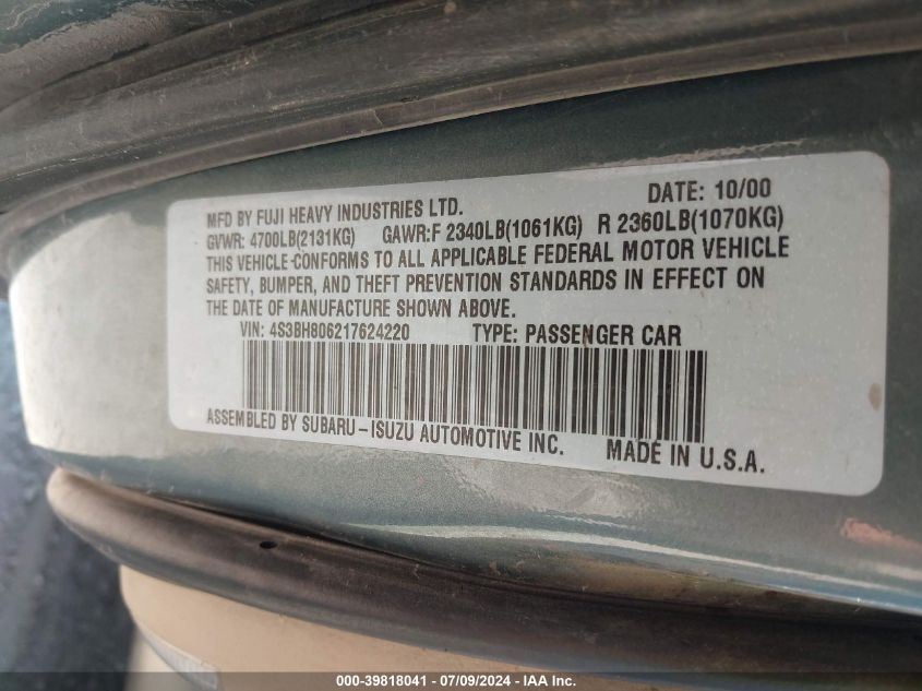 2001 Subaru Outback H6-3.0 VIN: 4S3BH806217624220 Lot: 39818041