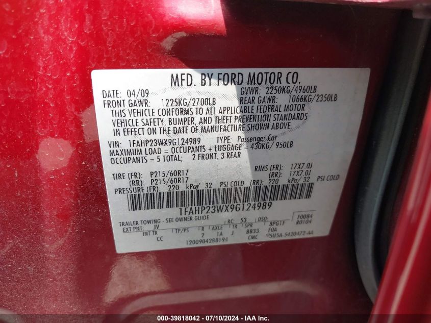 2009 Ford Taurus Se VIN: 1FAHP23WX9G124989 Lot: 39818042