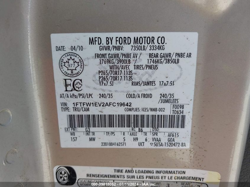 2010 Ford F-150 Fx4/Harley-Davidson/King Ranch/Lariat/Platinum/Xl/Xlt VIN: 1FTFW1EV2AFC19642 Lot: 39818052