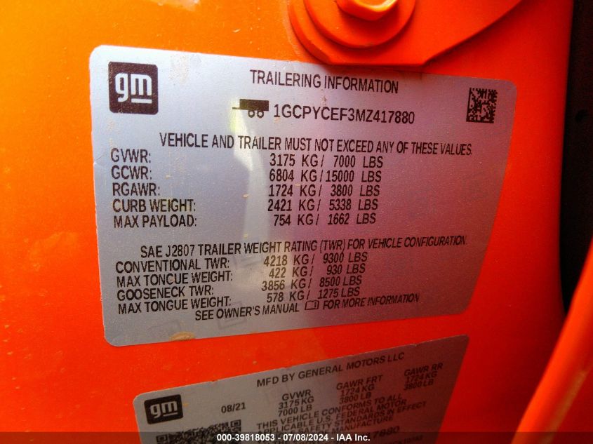 2021 Chevrolet Silverado 1500 4Wd Standard Bed Custom Trail Boss VIN: 1GCPYCEF3MZ417880 Lot: 39818053