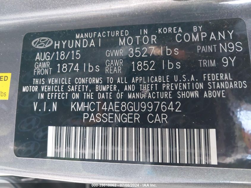 2016 Hyundai Accent Se VIN: KMHCT4AE8GU997642 Lot: 39818062