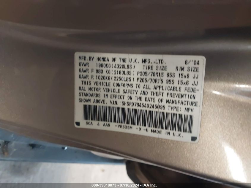 2004 Honda Cr-V Lx VIN: SHSRD78454U245095 Lot: 39818073