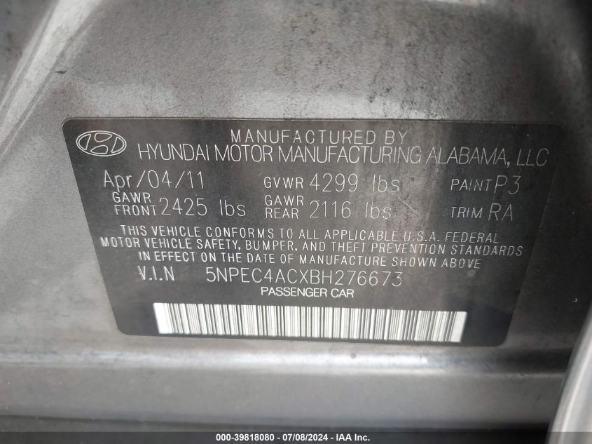 2011 Hyundai Sonata Se/Limited VIN: 5NPEC4ACXBH276673 Lot: 39818080