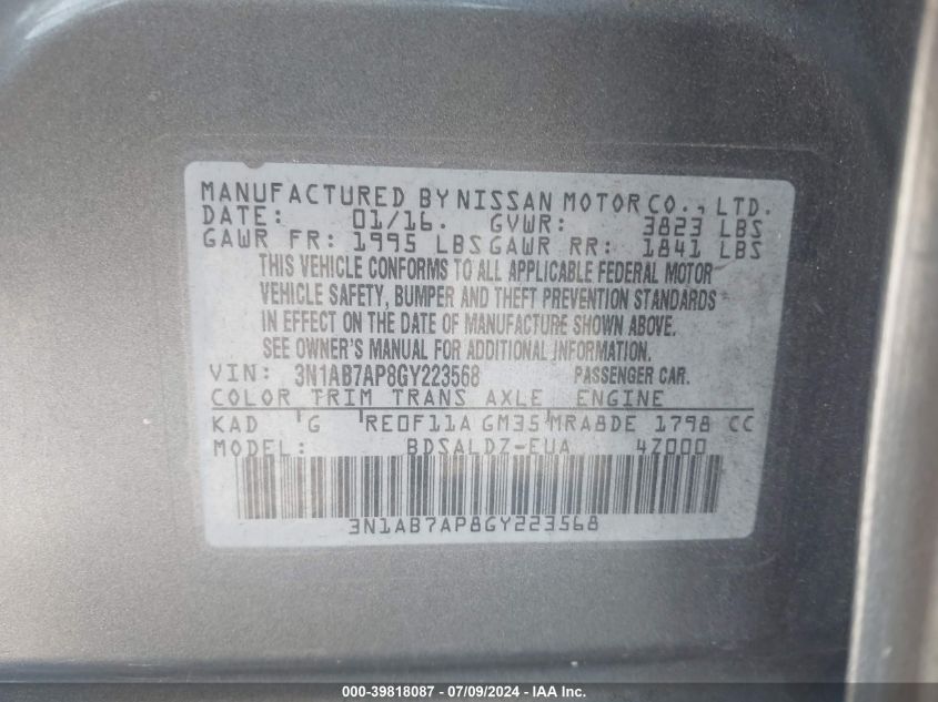 2016 Nissan Sentra Sv VIN: 3N1AB7AP8GY223568 Lot: 39818087