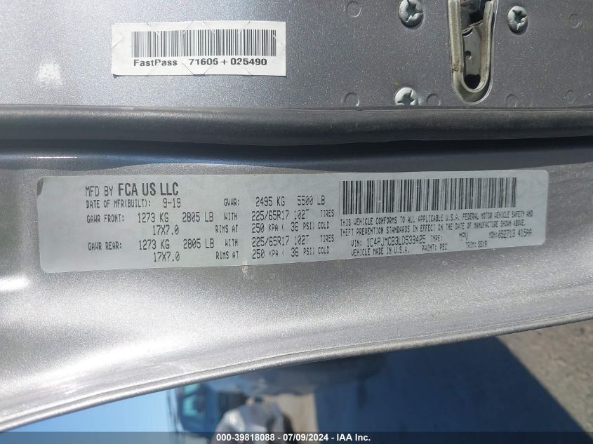 2020 Jeep Cherokee Latitude 4X4 VIN: 1C4PJMCB3LD533425 Lot: 39818088