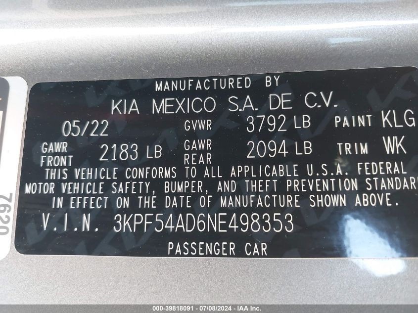 2022 Kia Forte Gt-Line VIN: 3KPF54AD6NE498353 Lot: 39818091