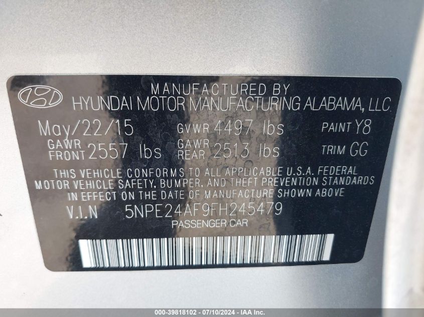 2015 Hyundai Sonata Se VIN: 5NPE24AF9FH245479 Lot: 39818102