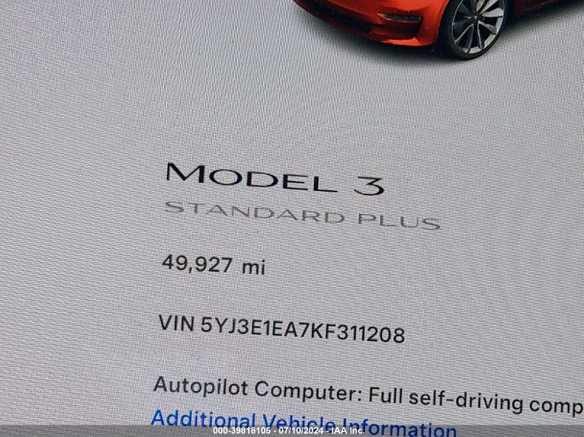 2019 TESLA MODEL 3 LONG RANGE/MID RANGE/STANDARD RANGE/STANDARD RANGE PLUS - 5YJ3E1EA7KF311208