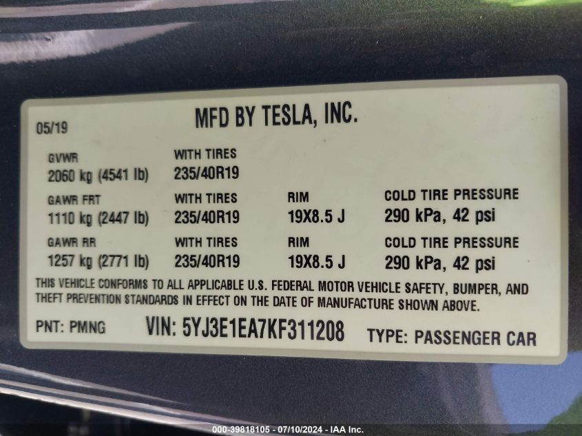 2019 Tesla Model 3 Long Range/Mid Range/Standard Range/Standard Range Plus VIN: 5YJ3E1EA7KF311208 Lot: 39818105