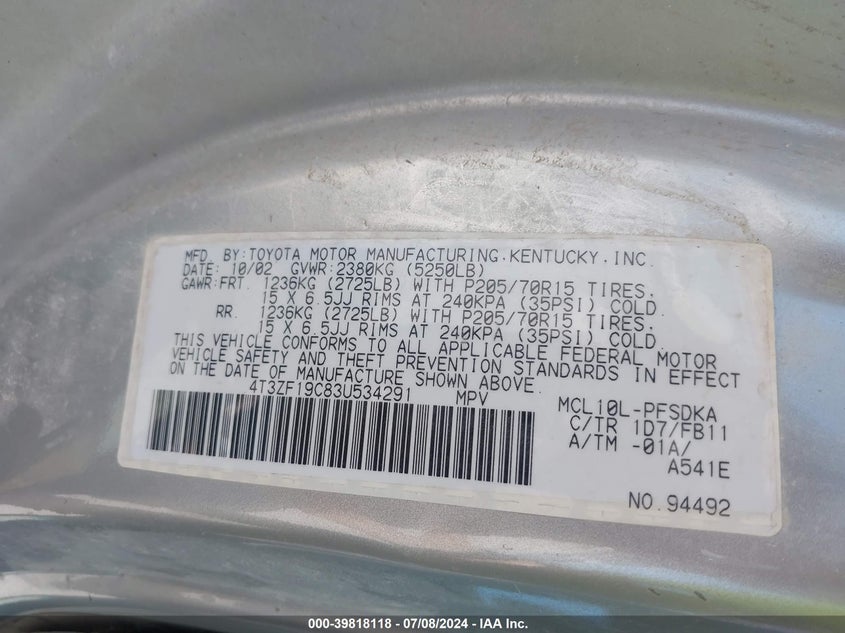 2003 Toyota Sienna Ce VIN: 4T3ZF19C83U534291 Lot: 39818118