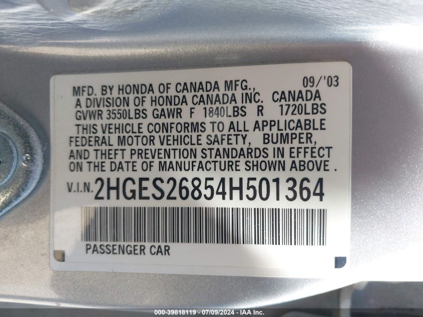 2004 Honda Civic Ex VIN: 2HGES26854H501364 Lot: 39818119