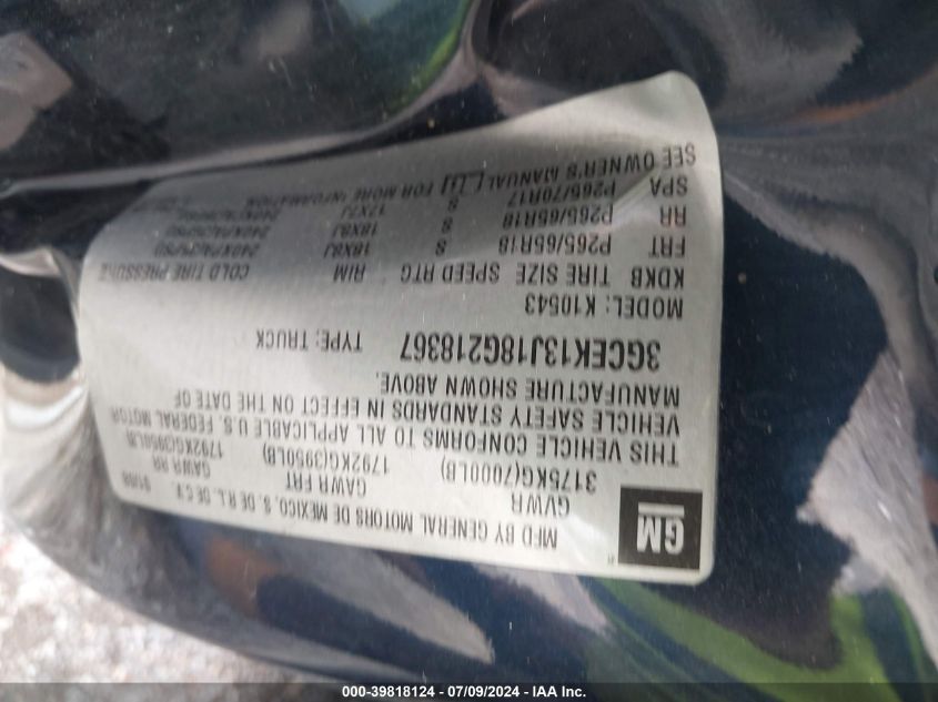 2008 Chevrolet Silverado K1500 VIN: 3GCEK13J18G218367 Lot: 39818124