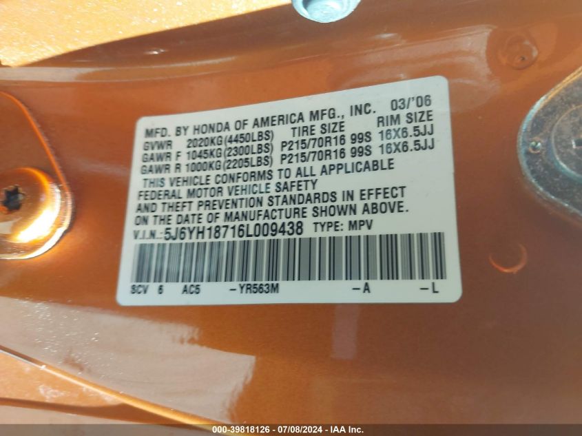 2006 Honda Element Ex-P VIN: 5J6YH18716L009438 Lot: 39818126