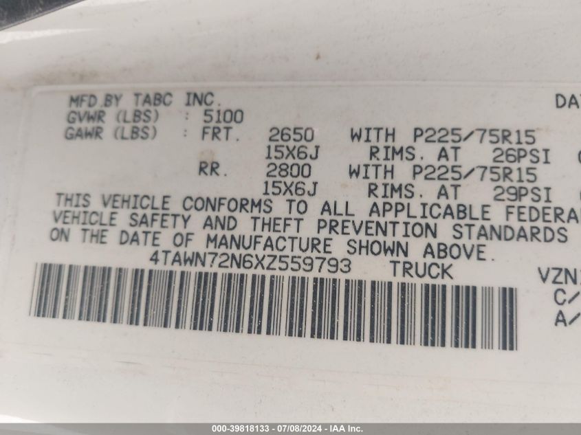 1999 Toyota Tacoma VIN: 4TAWN72N6XZ559793 Lot: 39818133