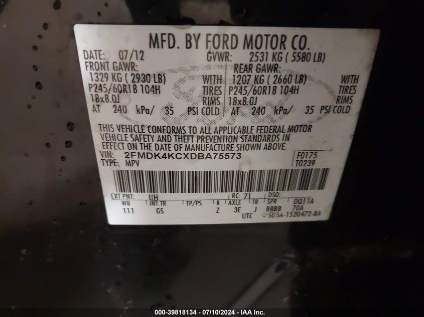 2013 Ford Edge Limited VIN: 2FMDK4KCXDBA75573 Lot: 39818134