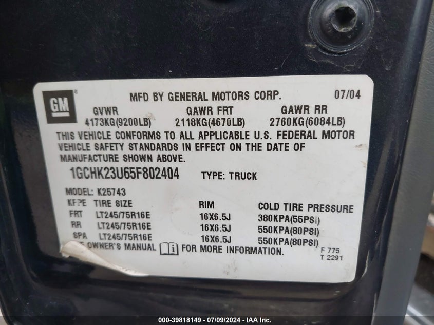 2005 Chevrolet Silverado K2500 Heavy Duty VIN: 1GCHK23U65F802404 Lot: 39818149
