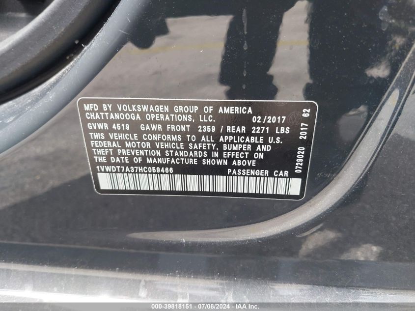 2017 Volkswagen Passat 1.8T R-Line VIN: 1VWDT7A37HC059466 Lot: 39818151