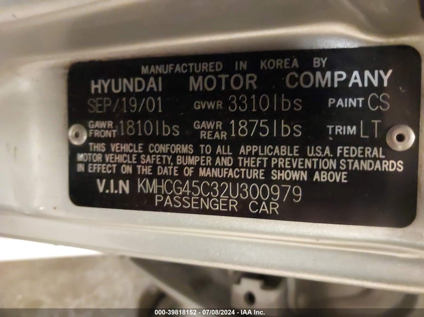 2002 Hyundai Accent Gl VIN: KMHCG45C32U300979 Lot: 39818152