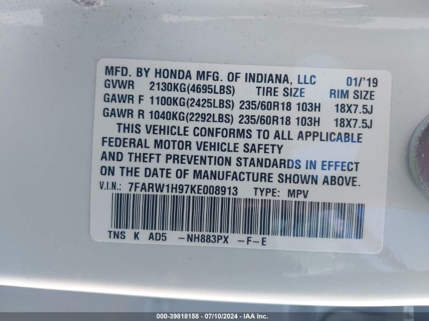 2019 Honda Cr-V Touring VIN: 7FARW1H97KE008913 Lot: 39818158