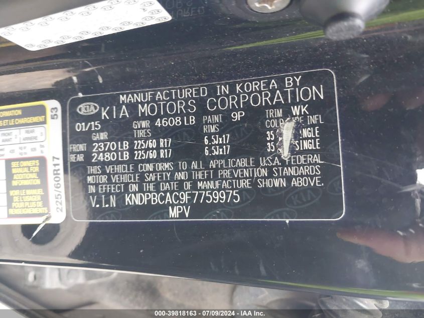 2015 Kia Sportage Lx VIN: KNDPBCAC9F7759975 Lot: 39818163