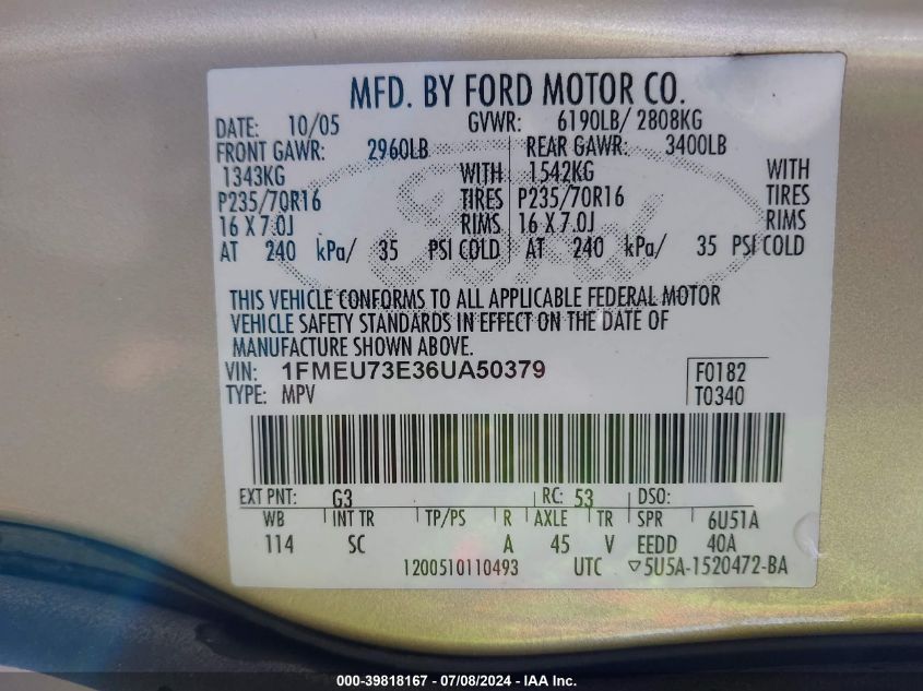 2006 Ford Explorer Xlt VIN: 1FMEU73E36UA50379 Lot: 39818167